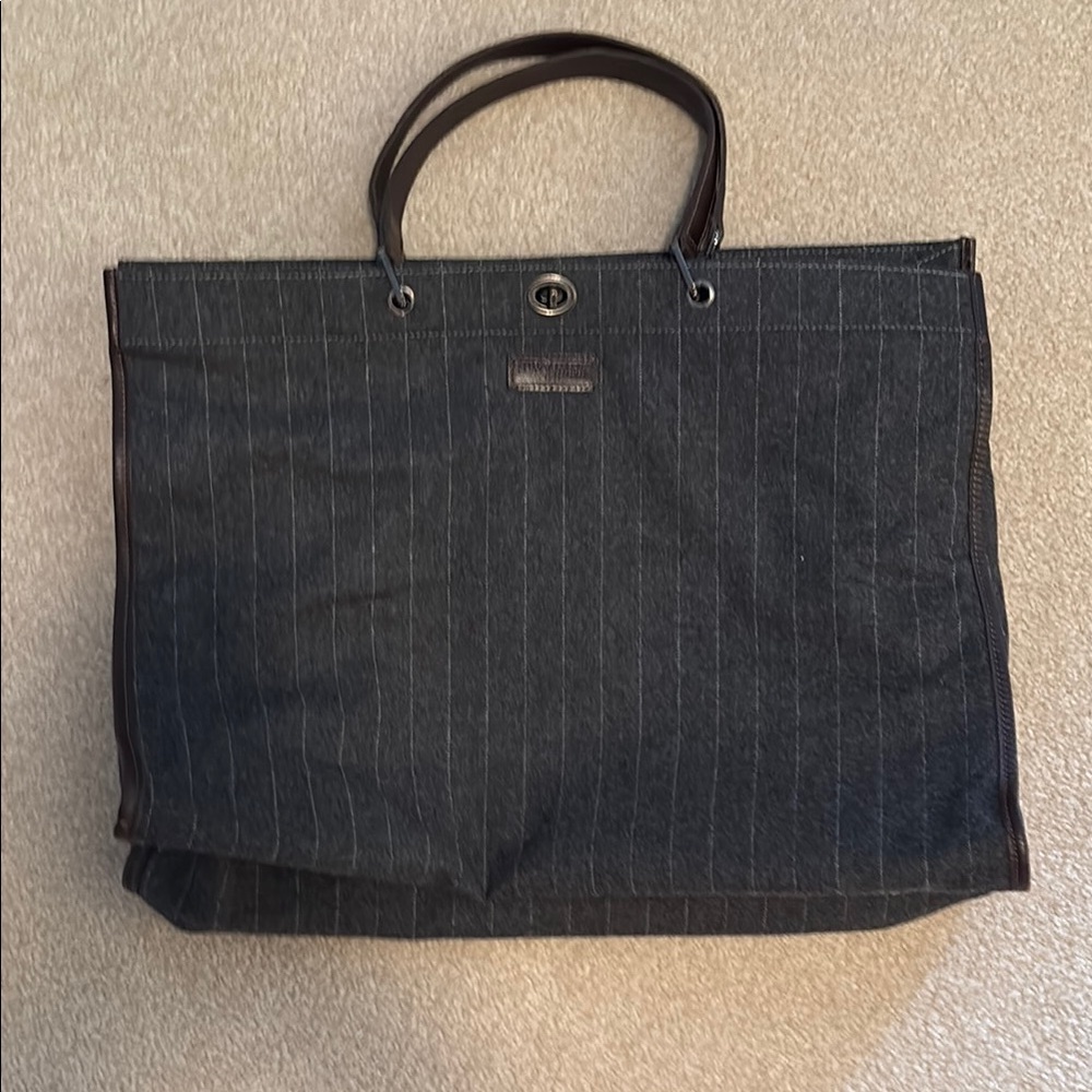 LongChamp Stylish Tote Bag Charcoal pinstripe wool leather bag